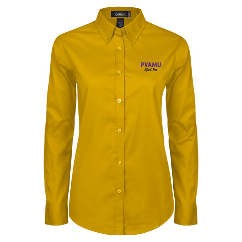  Womens Gold Twill Button Down Long Sleeve  - PVAMU Black Fox Script