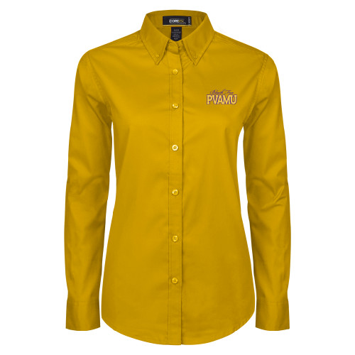 Womens Gold Twill Button Down Long Sleeve  - Black Fox PVAMU Stacked