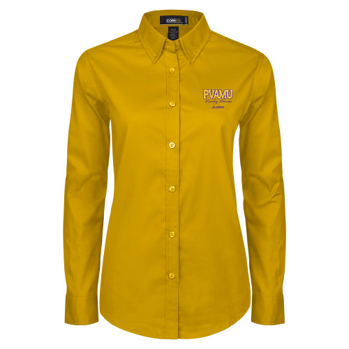  Womens Gold Twill Button Down Long Sleeve  - Twirling Thunder PVAMU Stacked - Alumni