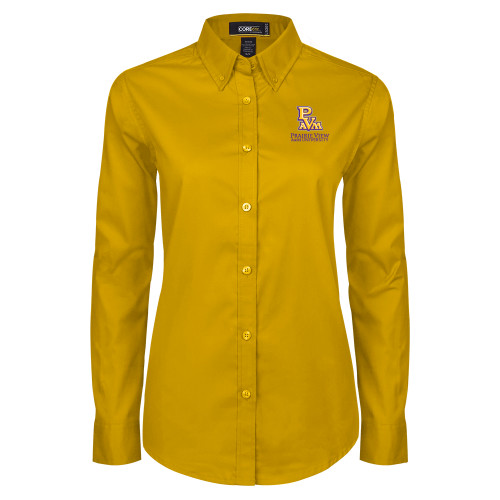  Womens Gold Twill Button Down Long Sleeve  - PVAM Stacked