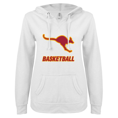  ENZA Womens White V Notch Raw Edge Fleece Hoodie - Basketball