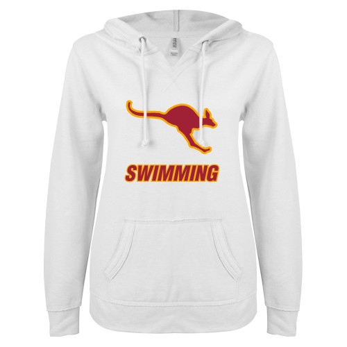  ENZA Womens White V Notch Raw Edge Fleece Hoodie - Swimming