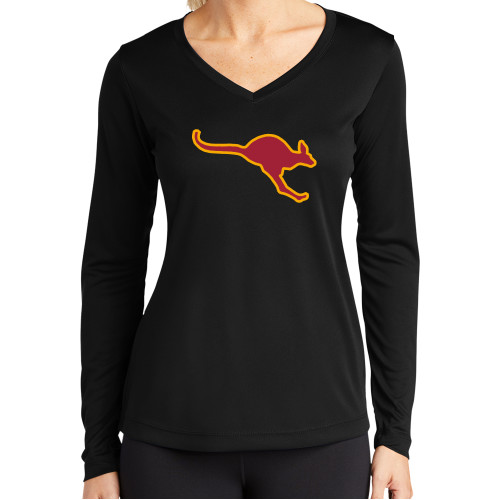  Womens Black Performance Long Sleeve V Neck Shirt - Roo Mascot
