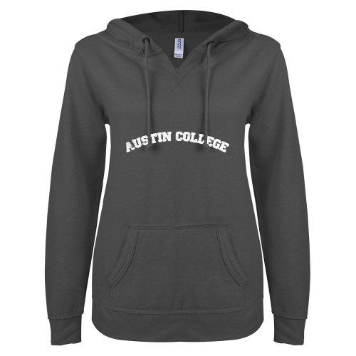  ENZA Womens Dark Heather V Notch Raw Edge Fleece Hoodie - Austin College Arched