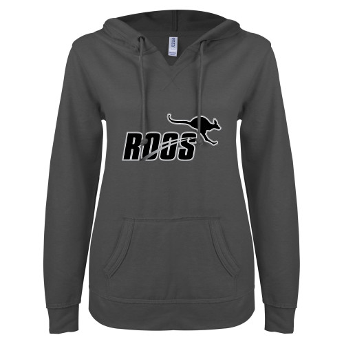  ENZA Womens Dark Heather V Notch Raw Edge Fleece Hoodie - Roos