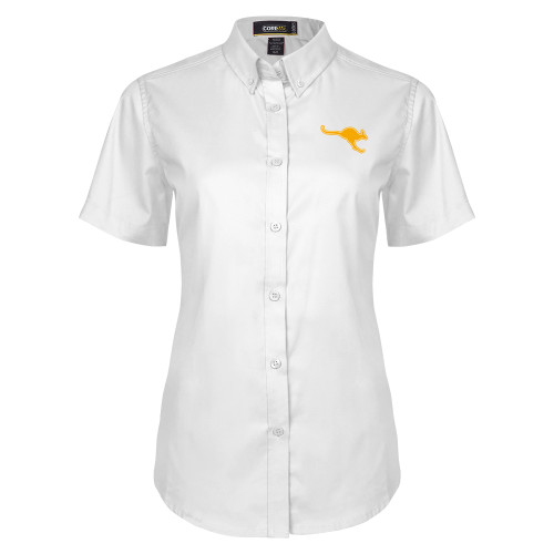  Womens White Twill Button Up Short Sleeve - Roo Mascot