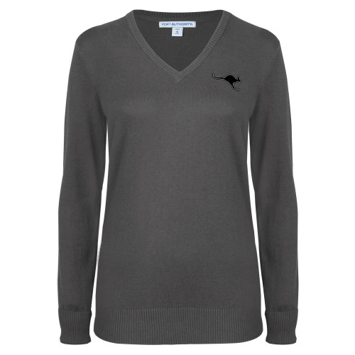  Womens Charcoal Heather VNeck Sweater - Roo Mascot