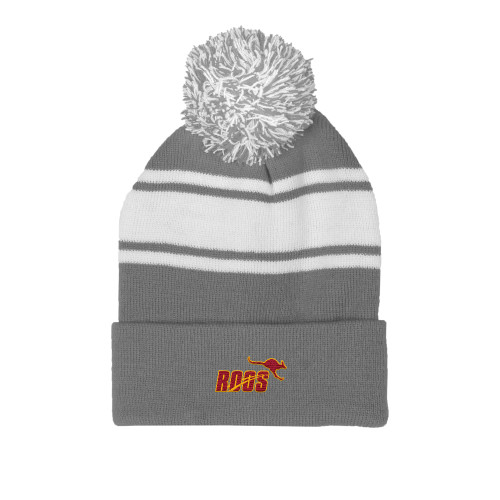  Grey/White Two Tone Knit Pom Beanie w/Cuff - Roos