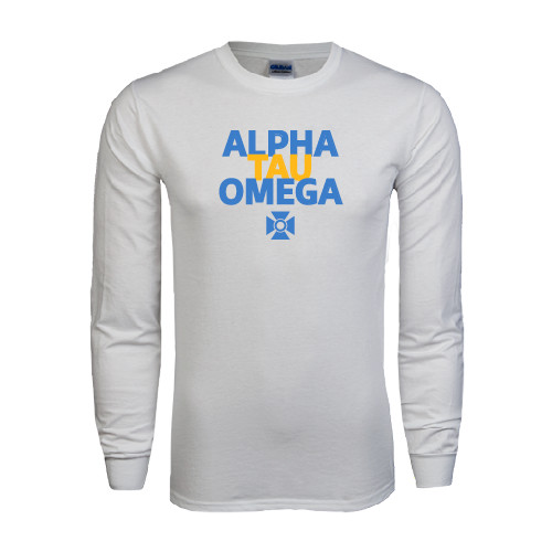 White Long Sleeve T Shirt-Alpha Tau Omega Stacked