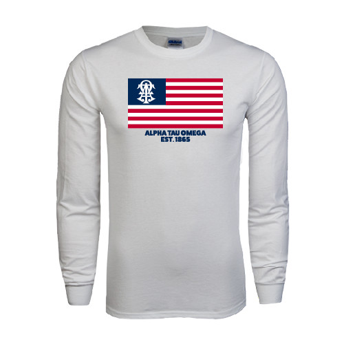 White Long Sleeve T Shirt-American Flag