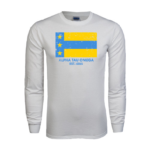 White Long Sleeve T Shirt-Distressed Flag