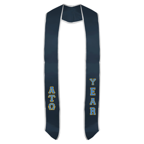 Navy Graduation Stole w/White Trim-Small Greek Letters Tackle Twill Stacked