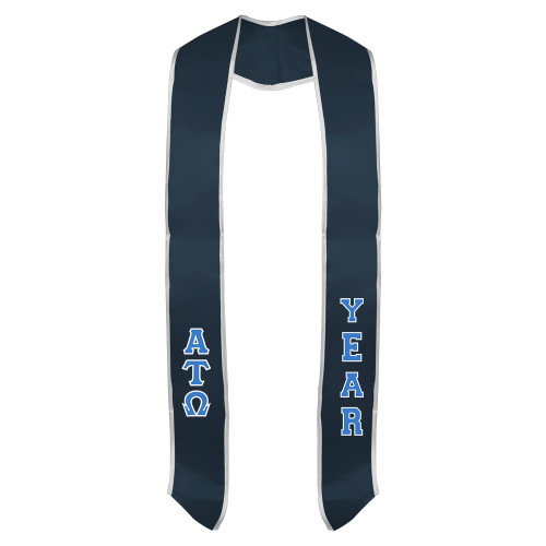 Navy Graduation Stole w/White Trim-Small Greek Letters Tackle Twill Stacked