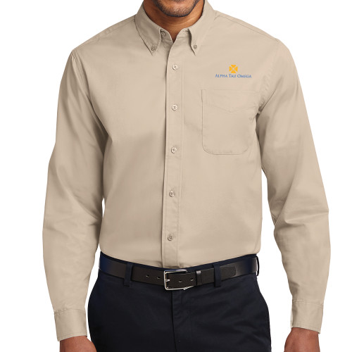 Khaki Twill Button Down Long Sleeve-Official Logo