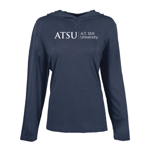  Womens Navy Heather Long Sleeve Hooded Tee - ATSU Primary Logo