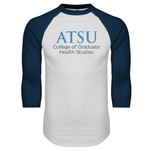 A.T. Still Univ White/Navy Raglan Baseball T Shi