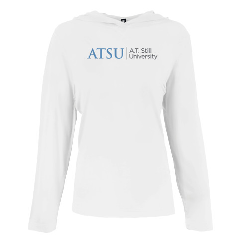  Womens White Long Sleeve Hooded Tee - ATSU Primary Logo