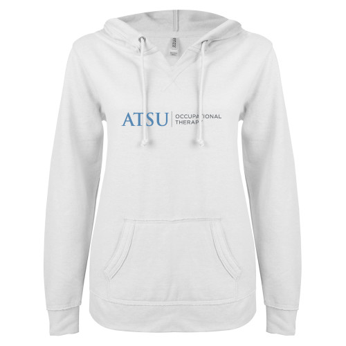  ENZA Womens White V Notch Raw Edge Fleece Hoodie - ATSU Occupational Therapy
