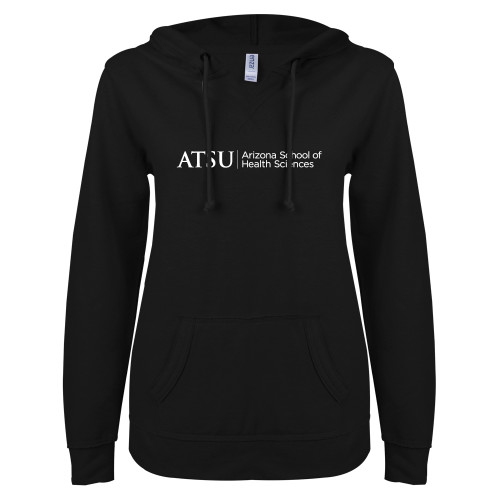  ENZA Womens Black V Notch Raw Edge Fleece Hoodie - ATSU Arizona School Health Primary