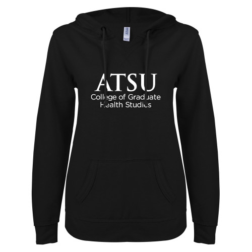  ENZA Womens Black V Notch Raw Edge Fleece Hoodie - ATSU College of Grad Health Secondary