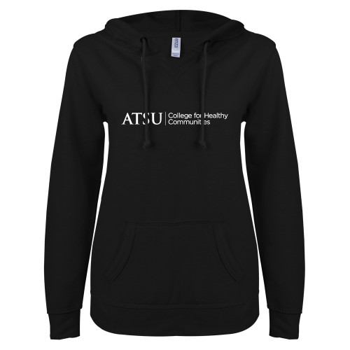  ENZA Womens Black V Notch Raw Edge Fleece Hoodie - ATSU College for Healthy Communities CHC