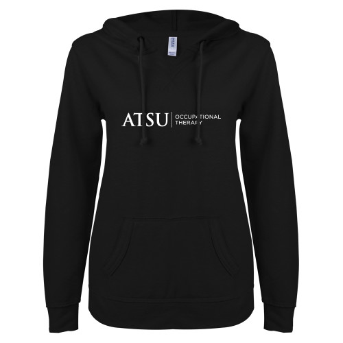  ENZA Womens Black V Notch Raw Edge Fleece Hoodie - ATSU Occupational Therapy