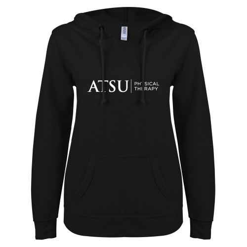  ENZA Womens Black V Notch Raw Edge Fleece Hoodie - ATSU Physical Therapy