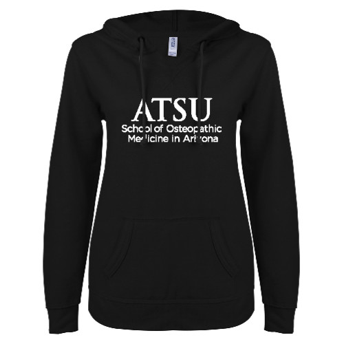  ENZA Womens Black V Notch Raw Edge Fleece Hoodie - ATSU School of Osteopathic Arizona Secondary