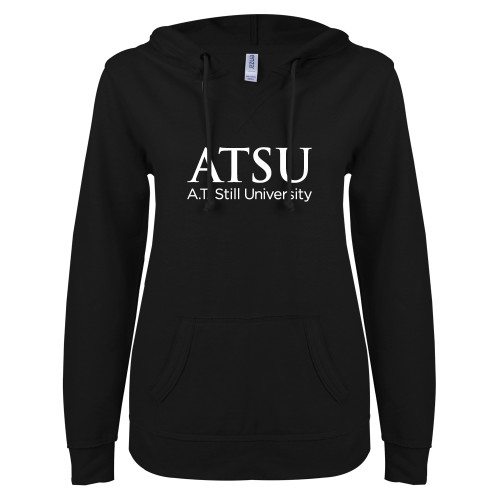  ENZA Womens Black V Notch Raw Edge Fleece Hoodie - ATSU Secondary Logo