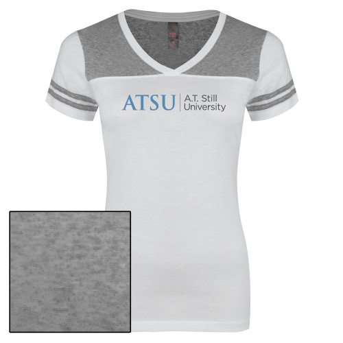  Womens White/Heather Grey Varsity V Neck Tee  - ATSU Primary Logo