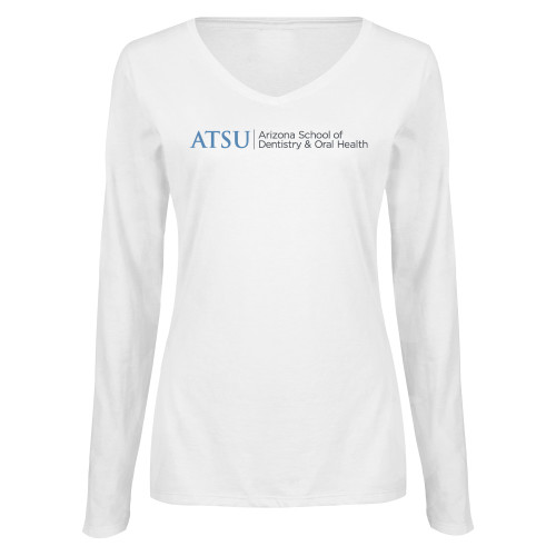 A.T. Still Univ Womens White Long Sleeve V Neck T