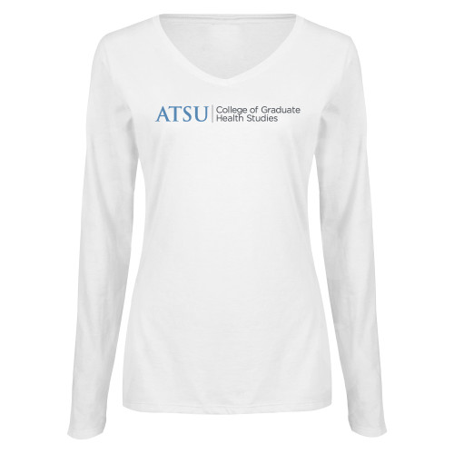 A.T. Still Univ Womens White Long Sleeve V Neck T