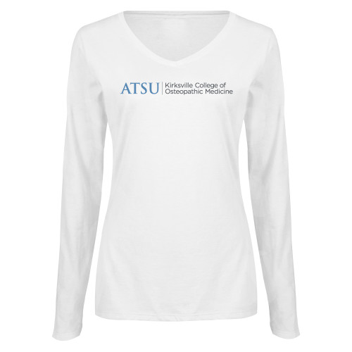 A.T. Still Univ Womens White Long Sleeve V Neck T