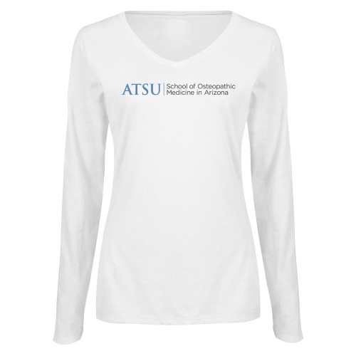 A.T. Still Univ Womens White Long Sleeve V Neck T