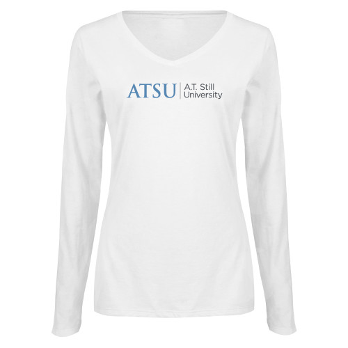  Womens White Long Sleeve V Neck Tee  - ATSU Primary Logo