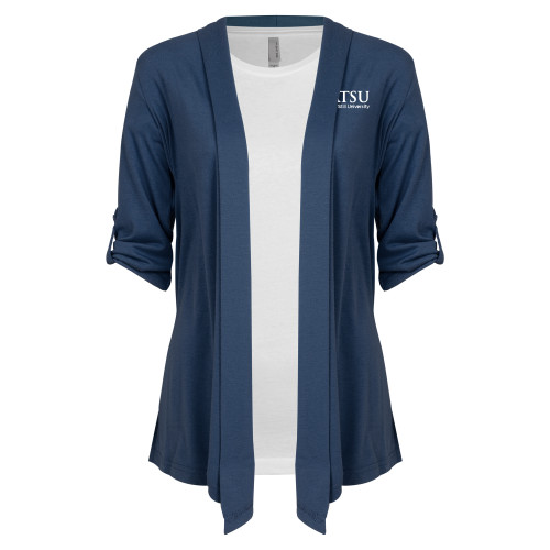 A.T. Still Univ Womens Navy Drape Front Cardigan Sweate