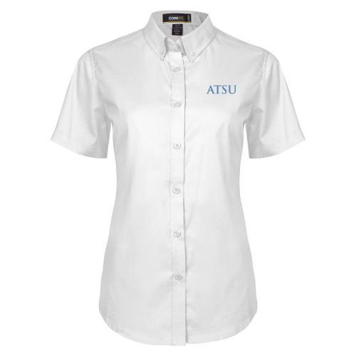  Womens White Twill Button Up Short Sleeve - ATSU Acronymn Logo