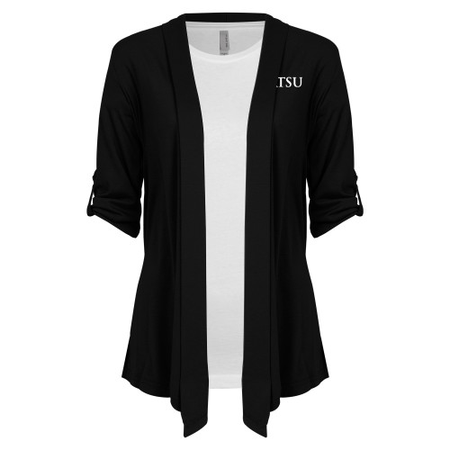  Womens Black Drape Front Cardigan Sweater - ATSU Acronymn Logo