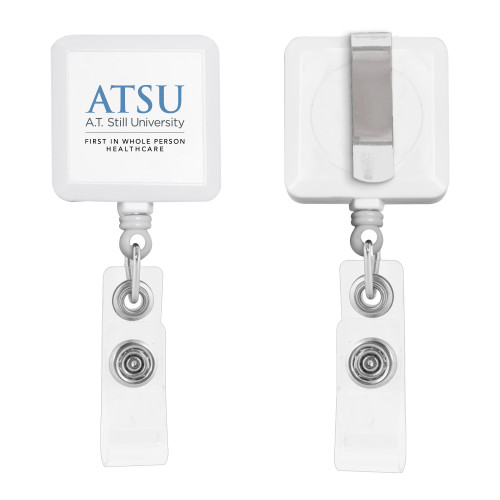  White Square Retractable Badge Holder - ATSU Secondary Logo with Statement