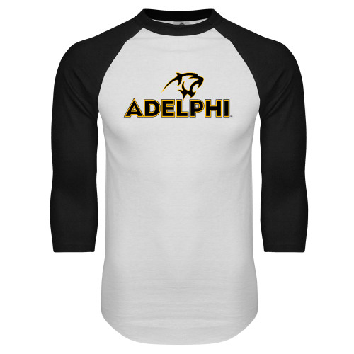  White/Black Raglan Baseball T Shirt - Adelphi with Panther Head