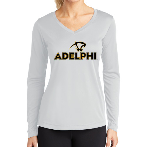  Womens White Performance Long Sleeve V Neck Shirt - Adelphi with Panther Head