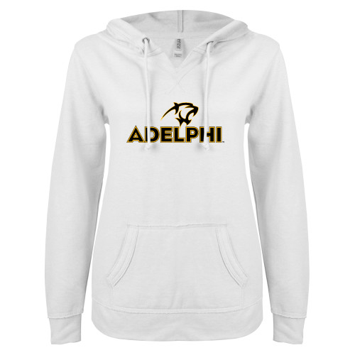  ENZA Womens White V Notch Raw Edge Fleece Hoodie - Adelphi with Panther Head