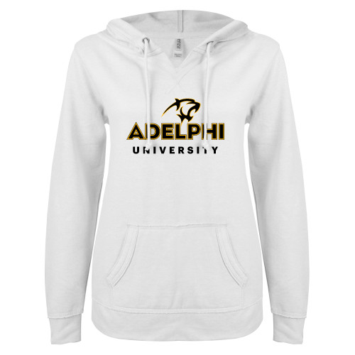  ENZA Womens White V Notch Raw Edge Fleece Hoodie - Panther Head Adelphi University