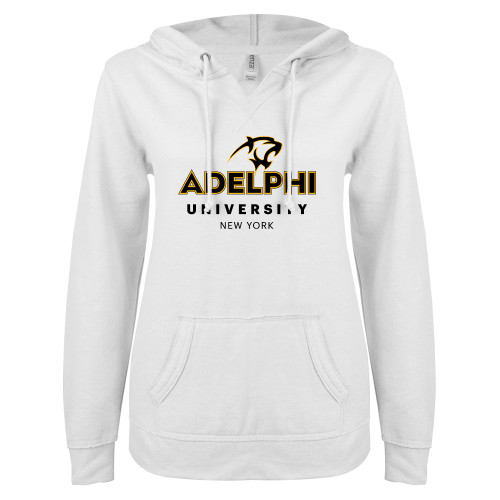  ENZA Womens White V Notch Raw Edge Fleece Hoodie - Panther Head Adelphi University New York