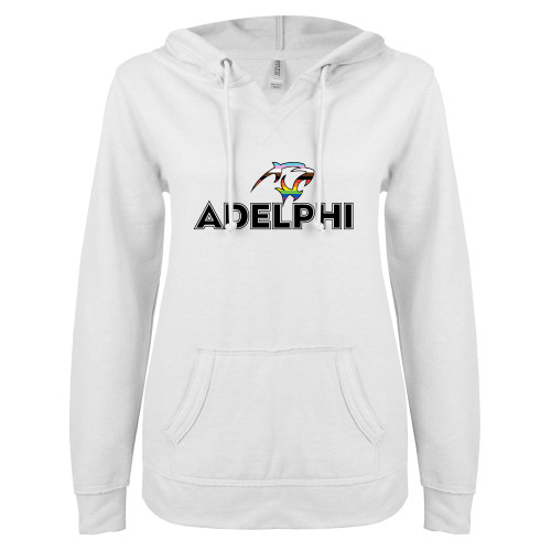  ENZA Womens White V Notch Raw Edge Fleece Hoodie - Adelphi Pride Institutional