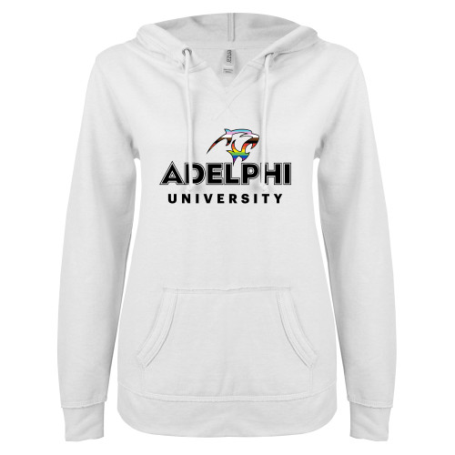  ENZA Womens White V Notch Raw Edge Fleece Hoodie - Adelphi Pride University Institutional