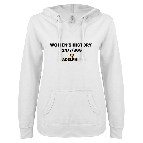  ENZA Womens White V Notch Raw Edge Fleece Hoodie - Womens History