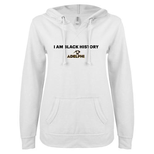  ENZA Womens White V Notch Raw Edge Fleece Hoodie - I am Black History