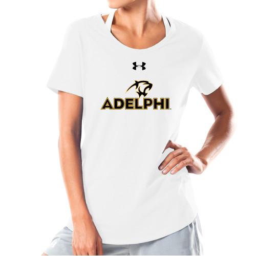  Under Armour Womens White Charged Cotton Tee - Adelphi with Panther Head