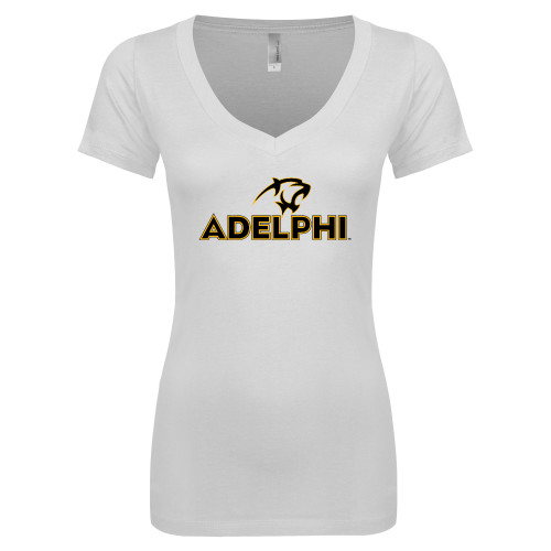  Next Level Womens White Ideal V Tee - Adelphi with Panther Head